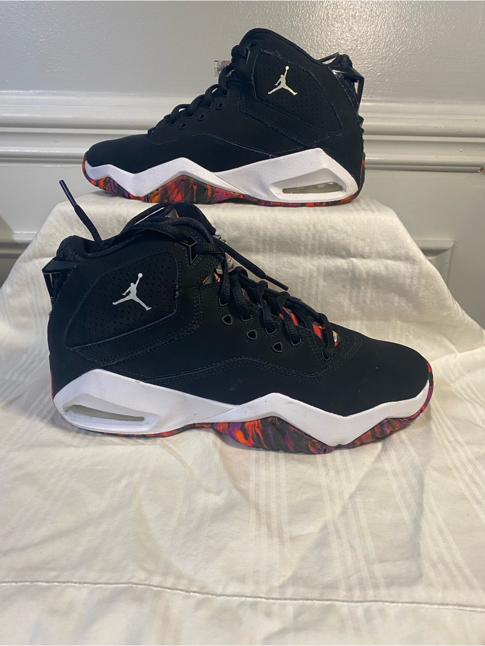 Jordan Youth Black High-Top Basketball Sneakers with Multicolor Red-Orange Sole
